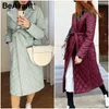 Bandant long manteau droit avec motif de losange de losange de rhombus casse-pieds casse-tête femmes hiver Parka Poches profondes Collier sur mesure Collier élégant Vêtements de dessus 210923