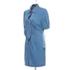 Women Blue Bow Sexy Denim Knee-Length Dress Turn-down Neck Short Sleeve Loose Fit Fashion Spring Summer GX237 210421