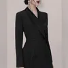 Double-breasted Notched Korea Dress Women Spring Black Pleated Dresses OL Slim Work Wear Vestidos 210520