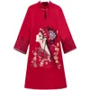 Women Vintage Chinese Cheongsam Dresses Spring Long Sleeve Ethnic Style Luxury Embroidery Elegant Dress Red 210428