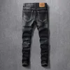 Moda Streetwear Mężczyźni Dżinsy Retro Czarny Niebieski Slim Fit Ripped Do Patches Designer Elastyczne Bawełniane Hip Hop Denim Spodnie 0SCK