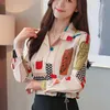 Moda de otoño Camisas de manga larga coreana Botón de impresión Botón Camiseta de cuello para mujeres Tops y blusas 6516 50 210417