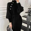 Pull en laine de haute qualité Robe De Mujer à manches longues Maxi robes pour femmes simple boutonnage col roulé vêtements de mode coréenne G1214