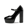 Dress Shoes Womens Platform Mary-Jane Round Toe Chunky High Pumps Heels Ankle Strap Hoof Black Suede Career