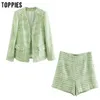 green lattice twill tweed jacket coats women's sets spring ladies leisure blazer high waist shorts 210421