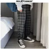 Privatinker moda homem solto listrado comprimento calças coreano homens xadrez calças casuais grandes streetwear corredores 210715