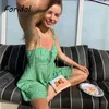 Kwiatowy Drukuj Boh Beach Summer Dress Kobiety Pasek Lace Up A-Line Krótki Zielony Backless Wzburzyć Pościel Sundress 210427