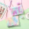 Schattige kinderen regenboog portemonnees en handtassen kawaii meisjes pluche crossbody tassen voor vrouwen eenhoorn faux bont kleine portemonnee dames munten tas