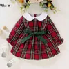 Noël Enfant Bébé Filles Correspondant Soeur Vêtements Plaid Robe À Manches Longues Bandage Robe De Soirée Anniversaire Bowknot Princesse Robe G1129