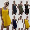 Oregelbunden Sexig Casual Mini Dress Kvinnor Vår och Sommar Solid U Neck Ärmlös Back Klänning Bodycon 210508