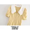 TRAF Women Sweet Fashion Button-up Pleated Denim Dress Vintage Lapel Collar Short Sleeve Female Dresses Vestidos 210415