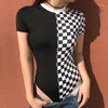 Women's Jumpsuits & Rompers BONJEAN Checkered Short Sleeve Womens Bodysuit Patchwork Black Checkerboard Femme Bodysuits Skinny Plaid Fashion