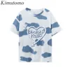 Kimutomo Tie Dye T-shirt Kvinna Hjärtbrev Skriv ut Koreanskt Chic Fashion O-Neck Kortärmad Lossa All Matchande Top Outwear Casual 210521