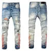 Pantalones vaqueros para hombre de alta calidad con estampado de parches con agujeros para motociclista desgastados Rock Skinny Slim Ripped Knee zipper Denim pants347t