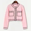 Women's Knits Women's & Tees Runway Pink Cardigan Crop Top 2022 Luxury Cropped Women Round Neck Single Breasted Knitted Short Sweater