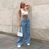 Mulheres 90s y2k patchwork largo perna mãe jeans grandes bolso cargo calças vintage mopping casual streetwear namorado denim 211129