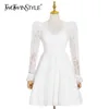 TWOTWINSTYLE Elegant Patchwork Lace Women's Dress V Neck Long Sleeve High Waist White Dresses Female Fashion Clothing 210517