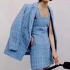 ZXQJ Tweed Mulheres Elegante Blue Blazers Moda Senhoras Vintage Loose Blazer Jaquetas Casuais Feminino Streetwear Suits Meninas Chic 210930
