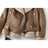 Ailegogo Kobiety Zima Faux Shearling Shearling Fake Skórzane Kurtki Lady Grube Ciepłe Zamszowe Jagnięta Krótkie Motocykl Brązowe Płaszcze 211007