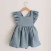 Toddler Kid Baby Flickor Casual Dresses Solid Ruffle Lace Ärmlös Klänning Outfit Sundress Bomull Linen Princess Tjejer Kostymer G1129