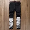 Jeans strappati con rivestimento rotto Pantaloni da uomo in cotone di alta qualità Jeans BIKER con cerniera Pantaloni in denim da cowboy Patchwork bianco nero X0621