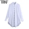 Moda de mulheres tráfantes com botões blusas de grandes dimensões vintage colar de lapela longo manga manga feminina camisas chique tops 210415