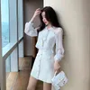 2 Pieces Set Spring Women Sweet Bow tie Chiffon Long Sleeve Patchwork Tweed Crop Top + High Waist Mini Skirt Suit 210514