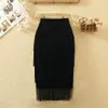 Women Fringe Bodycon Pencil Skirts Black Tassel High Waist Stretch Sheath Midi Length Ladies Slim Elegant Saias faldas Plus Size 210629