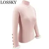 Women Sexy Bodycon Kintted Autumn Winter Blouse Shirt Casual Turtleneck Long Sleeve Button Black Skinny Shirts Top Fall Clothing 210507