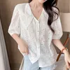 Korean Sweet Hollow Embroidery Chiffon Shirt Female Short Sleeve Turn-down Collar Women Blouses Summer Fashion Tops Blusas 14194 210512