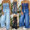 Kvinnor Sommar Casual Full längd Denim Jeans Jumpsuits Sexiga Strapless Elastiska Midja Wide Long Långbyxor och Rompers Jean Play för Kvinnor