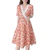 女性のためのドレスVネックプリントスカートレースステッチ薄いエレガントなドレス女性夏のファッション婦人服210520