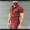 Spodnie Męskie Odzież Odzież Dostawa Dostawa 2021 Kombinezon Casual Loose Solid Joggers Streetwear ShortSleeve Moda Proste Topy + Spodnie Men Rom