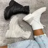 Moda-Sonbahar ve Kış Beyaz Siyah Tıknaz Taban Platformu Çorap Botları Streç Kumaş Ayakkabı Kadın Orta Buzağı Kalın Topuk Chelsea Patik