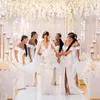 2021 Cheap White Off The Shoulder Satin Long Bridesmaid Dresses Ruched Split Sweep Train Wedding Guest Maid Of Honor Dress Gowns