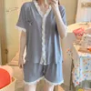 Bawełniane kobiety piżamas garnitur z koronki miękkie salwear nocny salon nosić casual nightwear intymny bielizna V-Neck Homewear shirtshorts Q0706