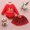 0-24m Jul Baby Girls Kläder Set Spädbarn Born Tecknad Santa Romper Sequins Bow Kjolar Princess Xmas Outfit 210515