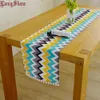 Lovely Home Decorative Unique Light Blue Geometric Waves Modern Style Table Runner With Braid Ball Lace 210628