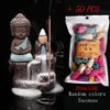50pcs Incense Cones + 1Pc Burner The Little Monk Small Buddha Censer Ceramic Waterfall Backflow Incense Holder Home Decor