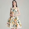 S-XXL Sommargul Camellia Blommig Tank Kvinnor Elegant V-Neck Flower Print Elastic Waist Holiday Beach Mini Dress 210416