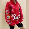Kadınlar kış ceket Kaban Kırmızı Baskılı fermuar Uzun Kollu yarış Ceketler Eski Spor Stil Polyester Bombacı Ceket Kadın 211.014
