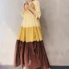 Casual Loose Hit Color Dress For Women V Neck Lantern Three Quarter Sleeve Vintage Maxi Dresses Female Fashion 210520