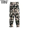 Traf Women Fashion Side Fickets Floral Print Pants Vintage High Elastic Midj Ruffled Hem Female Ankle Trousers Mujer 210415