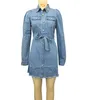 Kvinnor Blå Lång Puff Sleeve Denim Shirt Klänning Höstlappar Dubbelfickor Sashes Button Up Casual Dresses Jeans Vestidos 210416