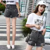 Kvinnor hög midja blå denim shorts kort femme bred ben elastiska vintage jeans lös sommar plus storlek 210608