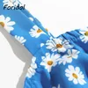 Daisy Print Riem Lace Up Camis Tank Tops Dames Boho Zomer Crop High Fashion Clothing Blue 210427