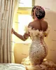 Champange Mermaid Aso Ebi Trouwjurken Off Schouder Sparkly Luxe Ruches Tiered Rok Lace-up Afrikaanse Arabische Bruidstoga