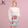 Letnie Kobiety Zestaw Runway Mody Designer Z Długim Rękawem Gorgeous Ruffles Bluzki + Drukowana Mini Spódnica Lady Garnitury 210522