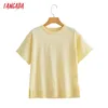 Tangada Korea Chic Kvinnor Sommargul Tröja Kortärmad Damer Stickade Jumper Tops BC44 210609