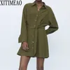 ZA Kravat Bel Gömlek Elbise Kadınlar Uzun Kollu Açmak Yaka Ordu Yeşil Bandaj Kısa Mini Elbiseler 210602